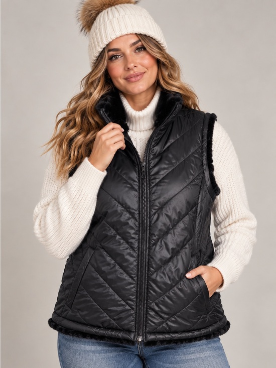 Nicole Miller Jackets & Blazers - Nicole Miller Black Reversible Quilted Faux Fur Puffer Vest Cozy Winter Size M